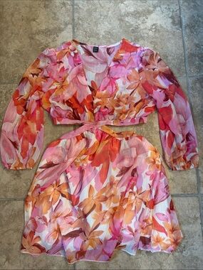SHEIN Pink Orange Floral Two-Piece Dress Set